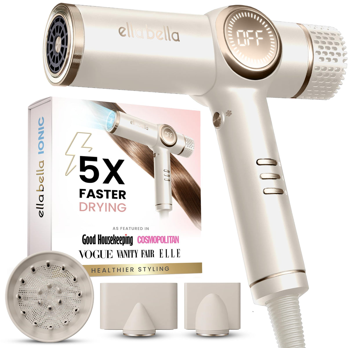 ELLA BELLA® Ionic Hair Dryer with Diffuser - Negative Ion Blow Dryer, Quiet
