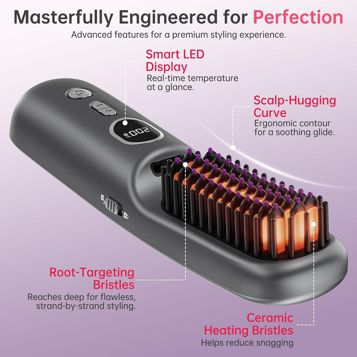 Hair Straightener Brush, Cordless Portable Straightening Brush with MCH Ceramic Heating, Ionic & Far Infrared Rechargeable Heated Comb, Travel Hair Straightener, Quick Styling for Smooth & Shiny Hair