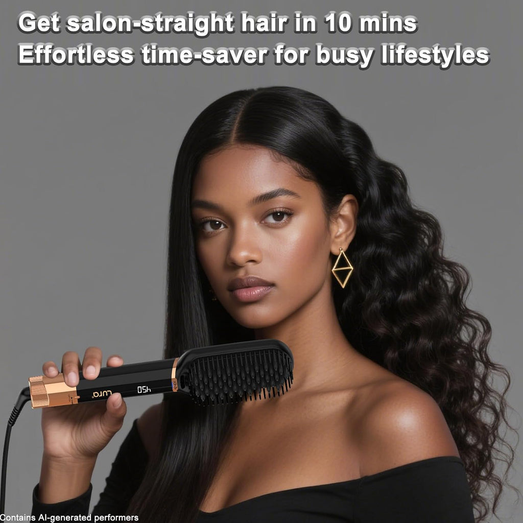 LURA Ionic Hair Straightener Brush,Dual Voltage Hair Straightening Brush for Women,High Heat Flat Iron Brush for Black Women，Ceramic Hair Straightener Comb with 6 Adjust Temperature