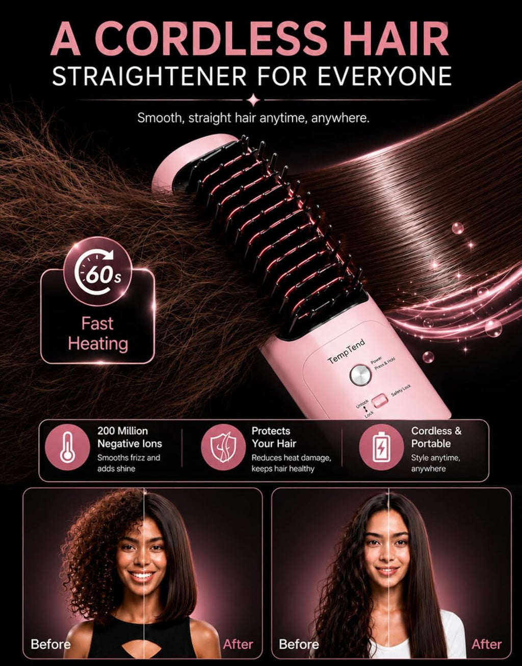 Cordless Hair Straightener Brush, Portable Straightener for Travel, Straightening Brush with Ionic Frizz Control, Fast Even Heating for On-the-Go Pro Styling, Aura Pink