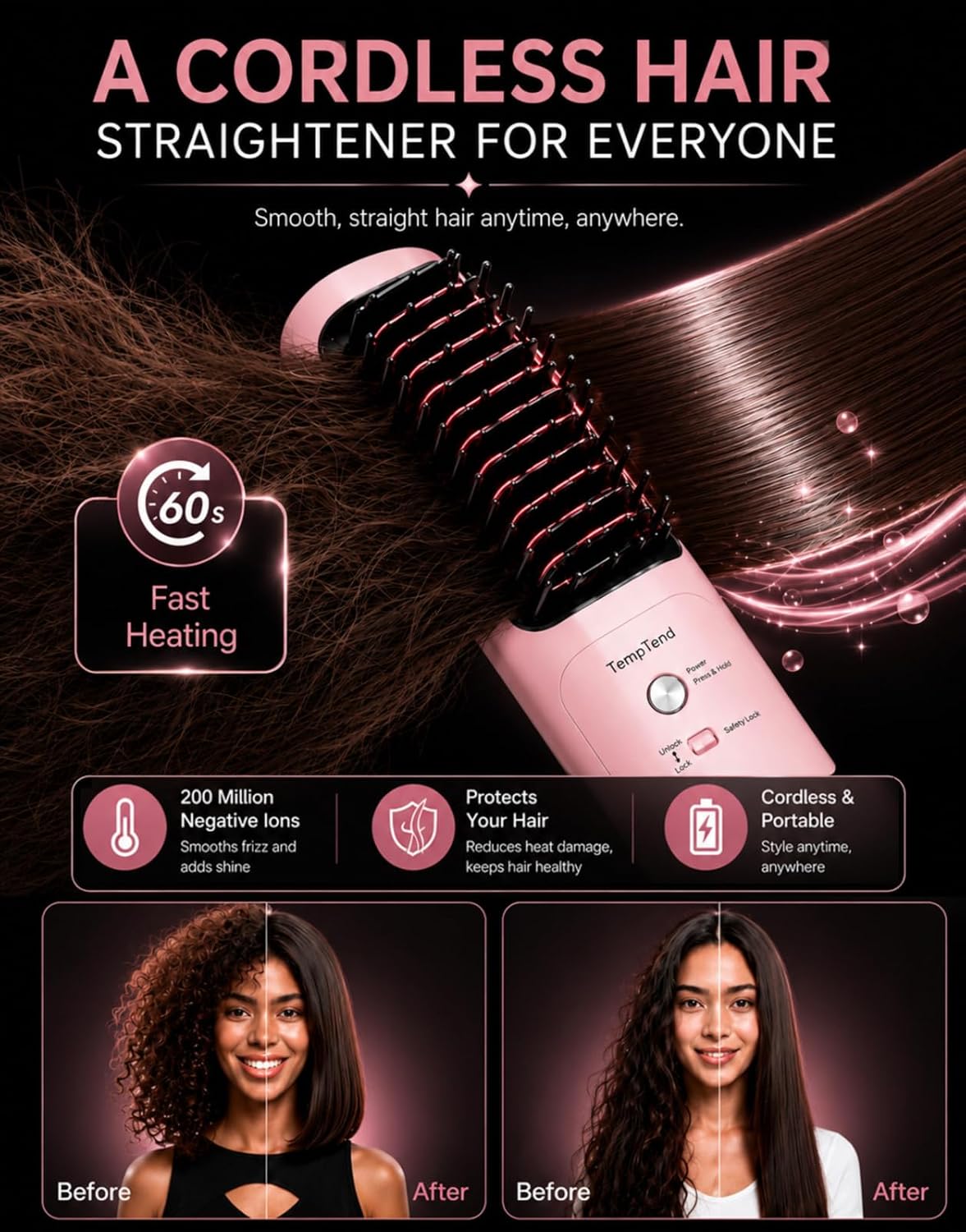 Cordless Hair Straightener Brush, Portable Straightener for Travel, Straightening Brush with Ionic Frizz Control, Fast Even Heating for On-the-Go Pro Styling, Aura Pink