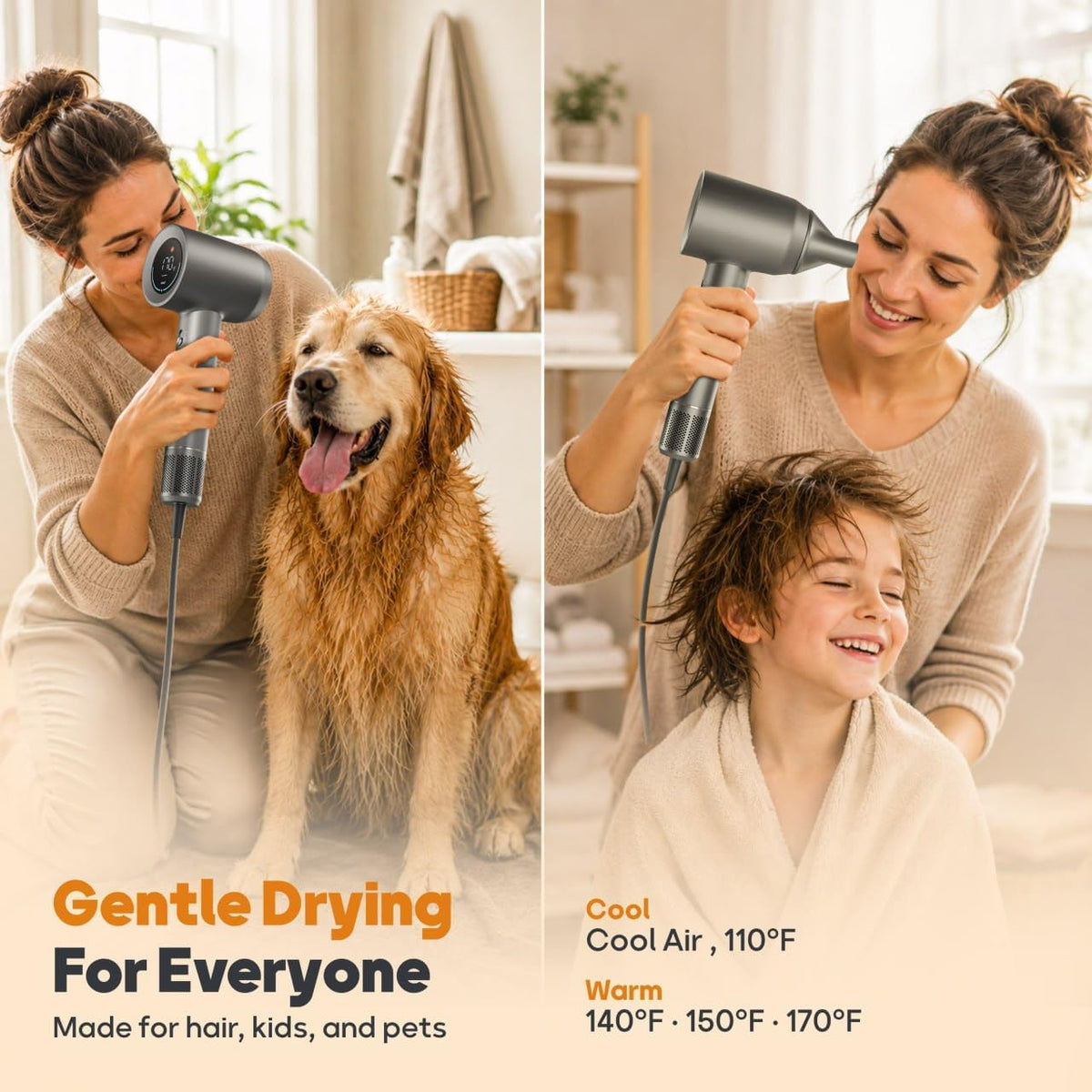 Hair Dryer, High-Speed Ionic Blow Dryer with Diffuser, Low Noise Fast Drying Hair Dryer with Brushless Motor, Thermo-Control Professional Hair Dryer for Curly Hair