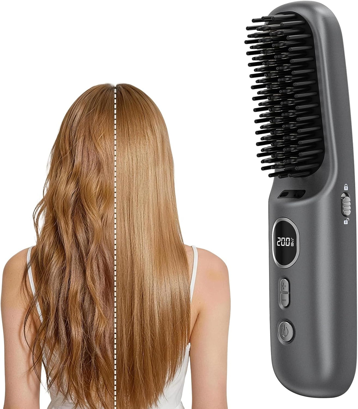 Hair Straightener Brush, Cordless Portable Straightening Brush with MCH Ceramic Heating, Ionic & Far Infrared Rechargeable Heated Comb, Travel Hair Straightener, Quick Styling for Smooth & Shiny Hair