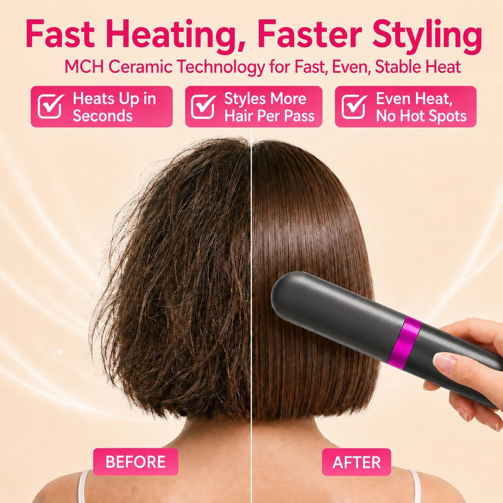 Cordless Hair Straightener Brush, Go Brush Pro for Short Hair, 4 Temperature Settings, Fast Heat, MCH Ceramic Care, 4000mAh Rechargeable Portable Travel Styling Tool for Women(Gray)