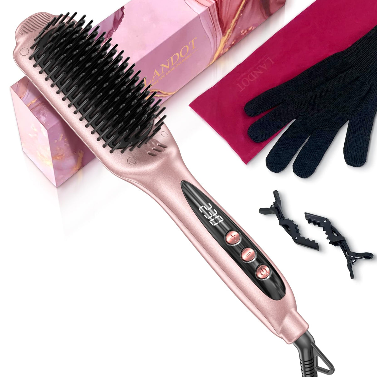 LANDOT Hair Straightener Brush for Women, Ionic Ceramic Heated Hot Brush