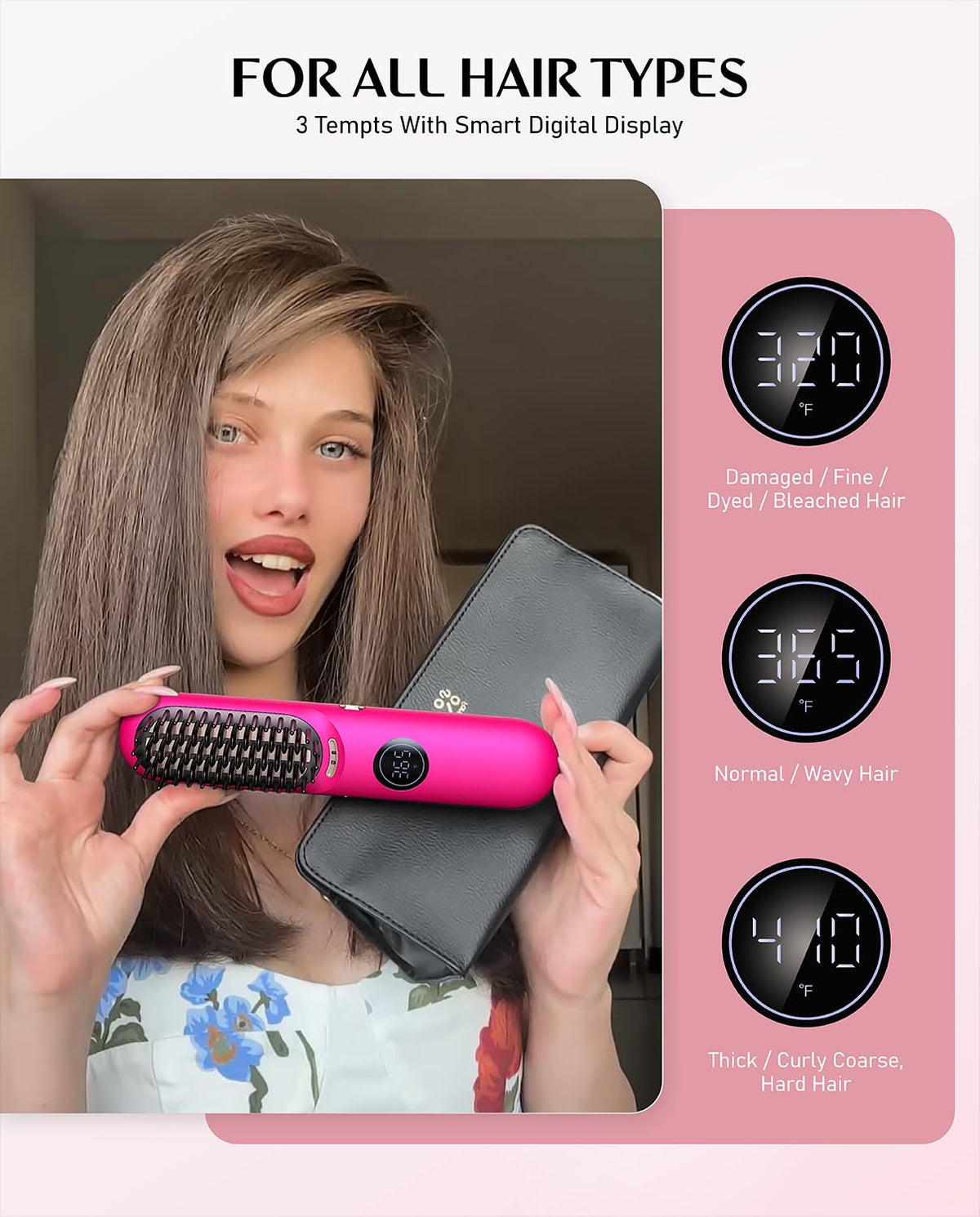Fanttik Solo I10 APEX Portable Hair Straightener Brush, Cordless Straightening Comb with 113% Larger Heating Area, LED Display & Ceramic Coating, Ionic AquaGlow Technology & Safe Mode - Pink