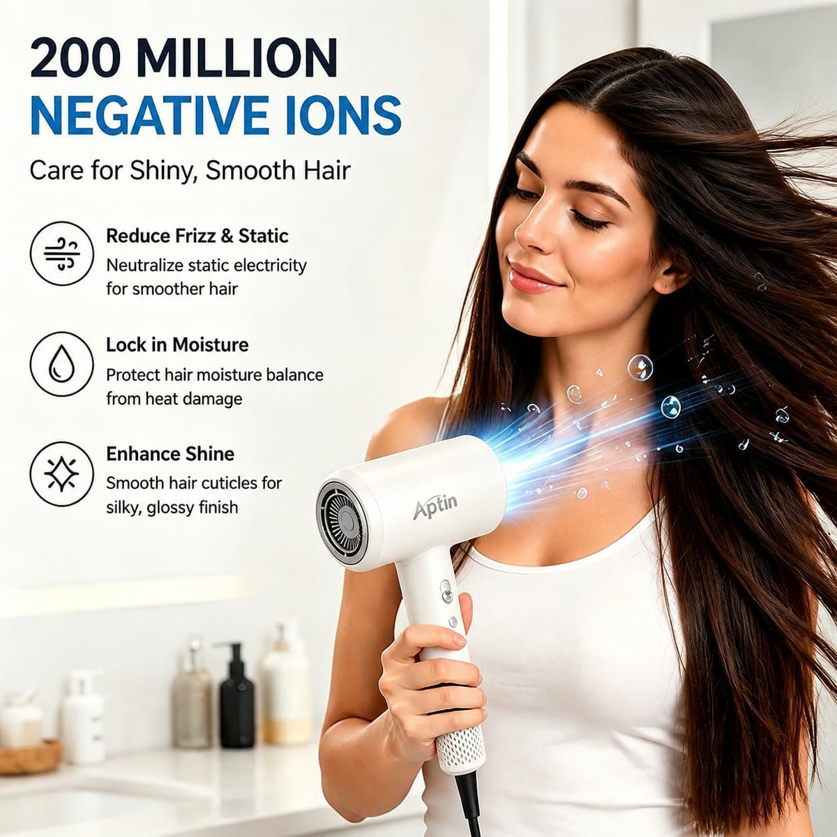 Ionic Hair Dryer 110, 000 RPM High Speed Motor Ultra-Fast Drying, 200 Million Negative Ions for Frizz Reduction, Overheat Protection, Low Noise Magnetic Concentrator, No Heat Damage Lightweight
