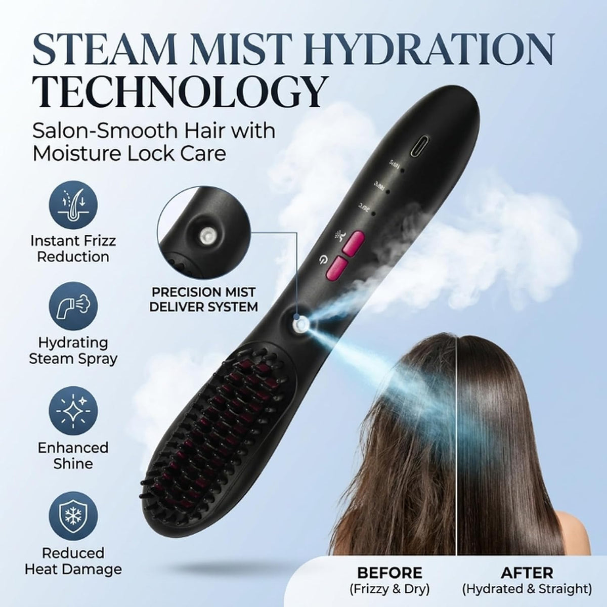Cordless Mist Straightening Comb Portable Steam Hair Straightener Brush 3 Temp Settings Rechargeable Hydrating Electric Spray Technology All Types with Detangling Style Smart