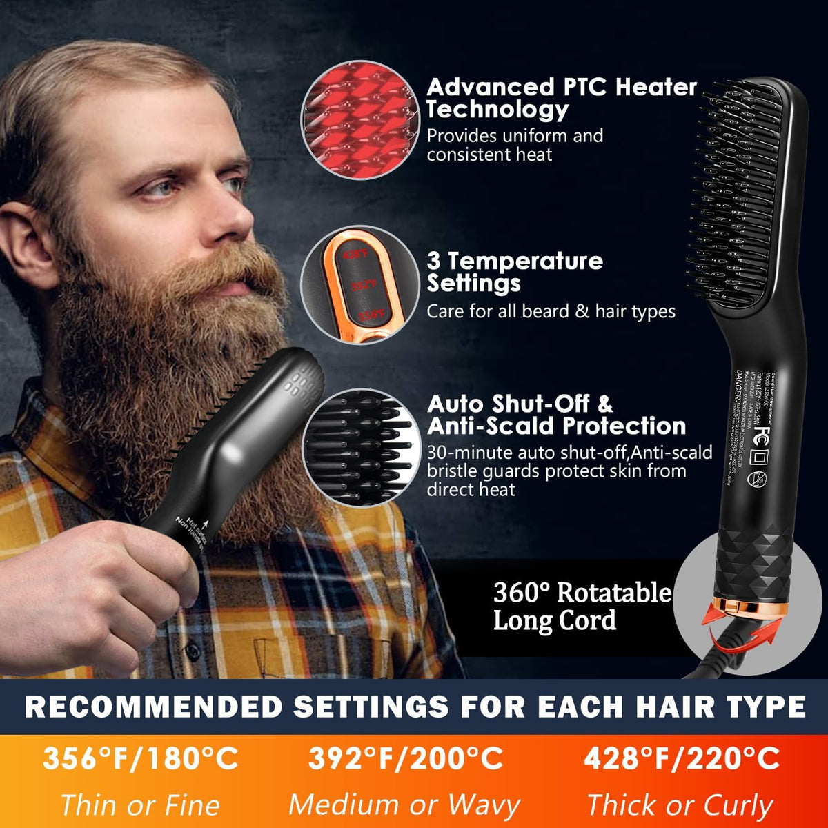 Beard Straightener for Men w/Beard Oil,Balm,Comb,E-Book for All Beard Type