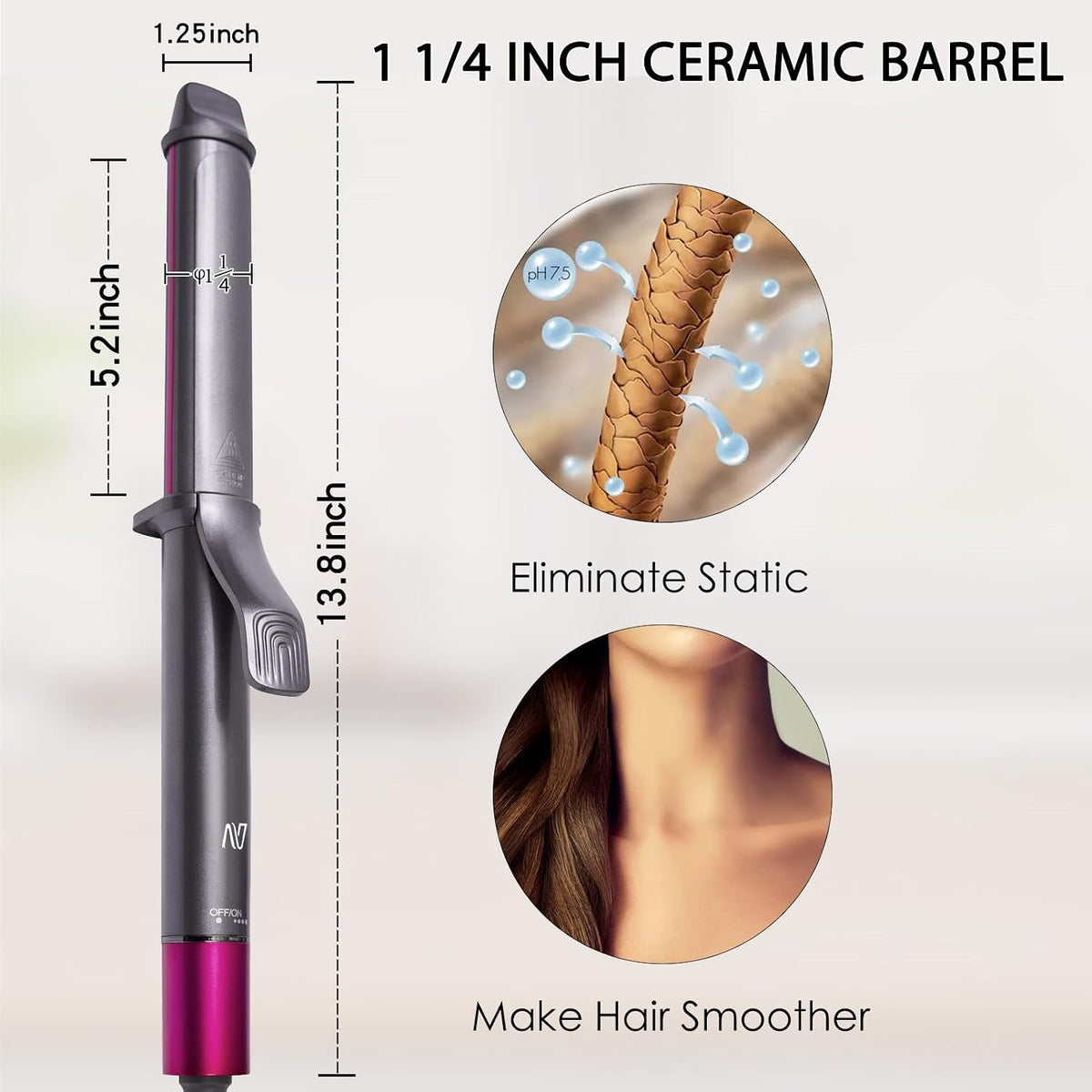 Nycoba 1.25 Inch Hair Curling Iron, 6 Temperature Settings, Light Pink