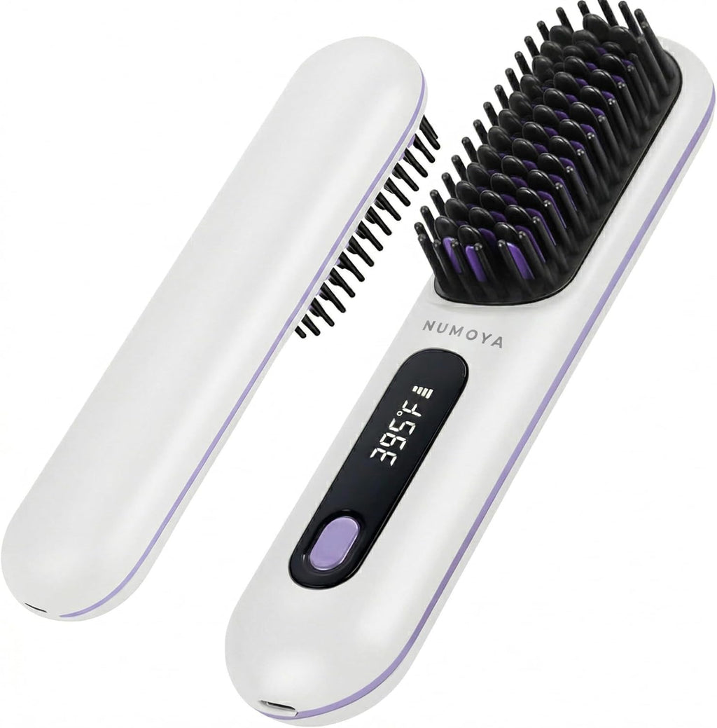 NUMOYA Go Brush Pro Portable Cordless Hair Straightener Brush, Rechargeable MCH Fast Heating for Women Travel (White)