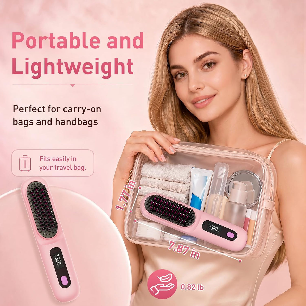 2026 Upgraded Cordless Straightening Brush, Go Brush Pro Hair Straightener Brush, MCH Fast Heating, 3 Temp Settings, 4000mAh Type-C Rechargeable Portable Travel Styling Tool (Pink)