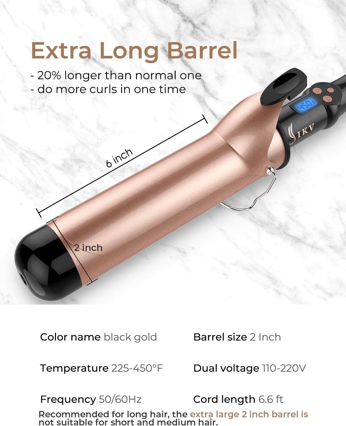 IKV 2 inch Curling Iron Extra Large,Long Barrel Curling Wand for Long Hair
