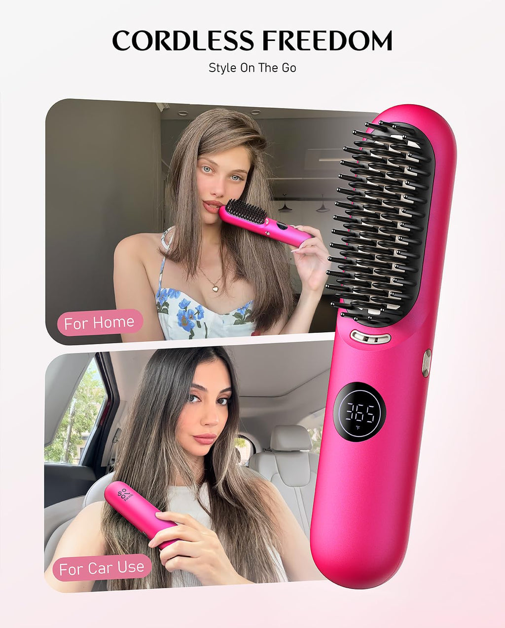 Fanttik Solo I10 APEX Portable Hair Straightener Brush, Cordless Straightening Comb with 113% Larger Heating Area, LED Display & Ceramic Coating, Ionic AquaGlow Technology & Safe Mode - Pink