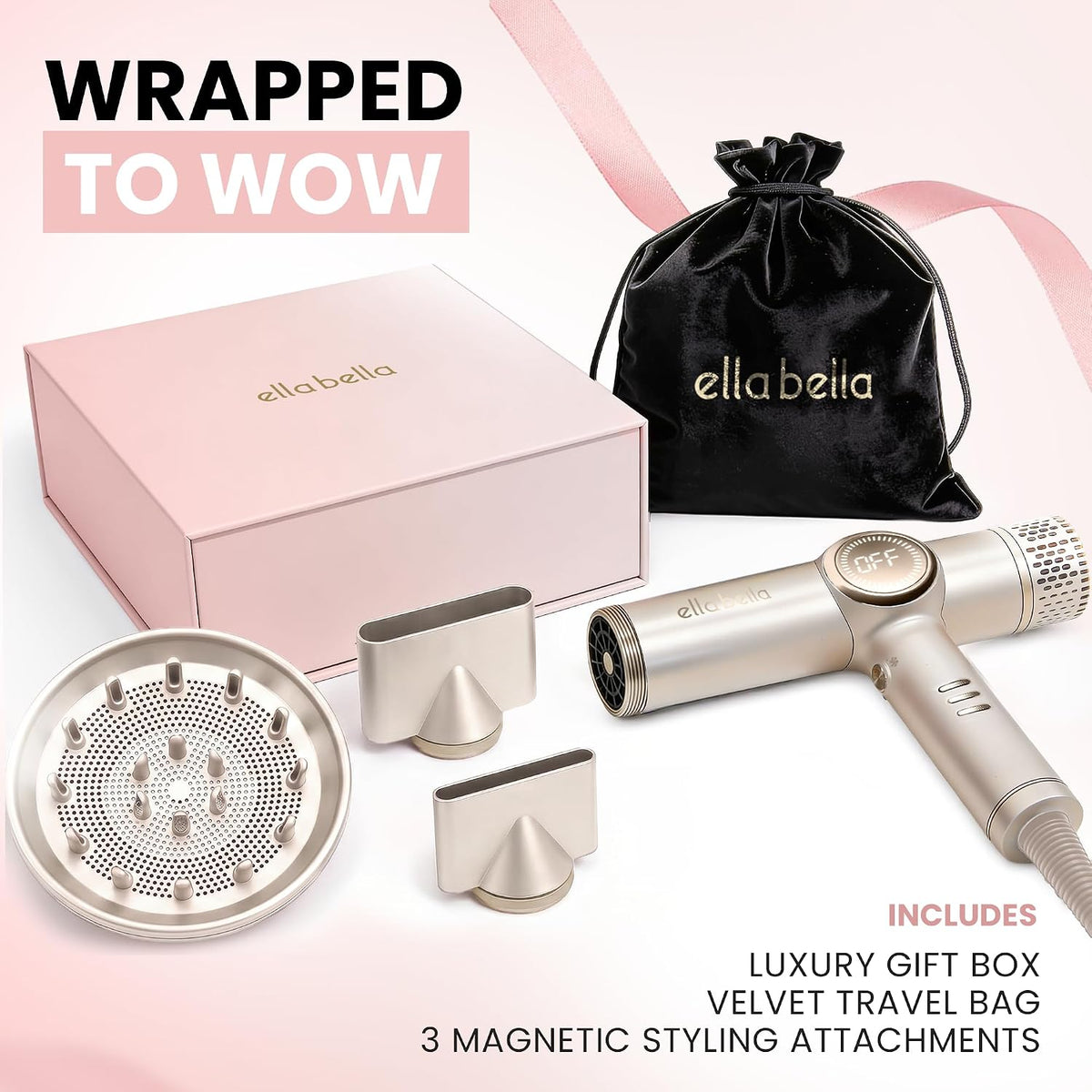 ELLA BELLA® Ionic Hair Dryer with Diffuser - Negative Ion Blow Dryer, Quiet
