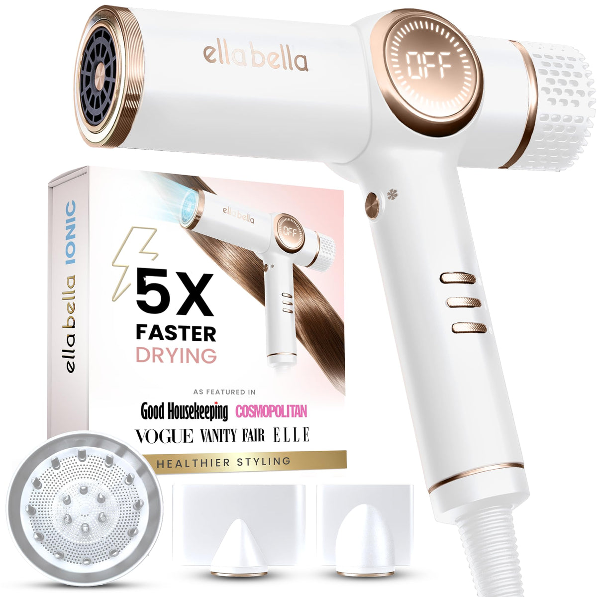 ELLA BELLA® Ionic Hair Dryer with Diffuser - Negative Ion Blow Dryer, Quiet