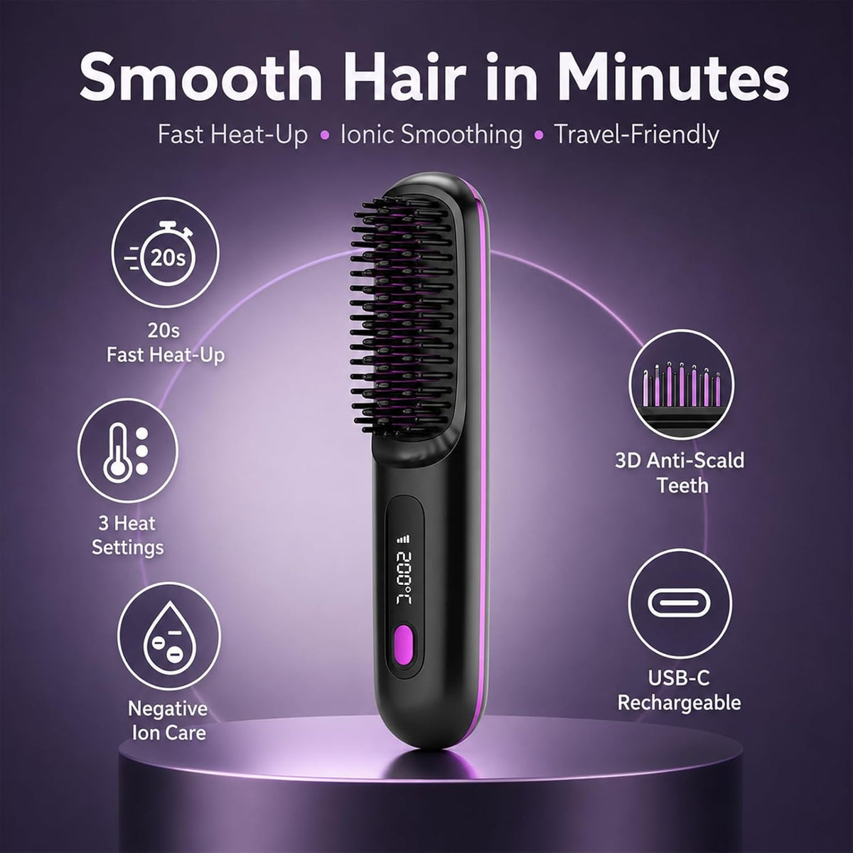 Go Brush Pro Cordless Hair Straightener Brush, Portable Wireless Straightening Comb with 3 Temp Settings (320°F-375°F), USB Rechargeable, Ceramic Heating Anti-Scald Hot Brush for Trave