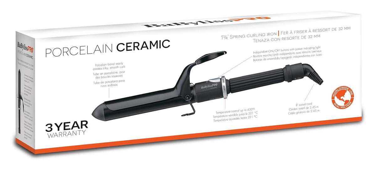 BaByliss Pro Spring Curling Iron, Porcelain Ceramic Professional For Multiple Hair Types, Reaches 430 Degrees for Loose Long Lasting Curls
