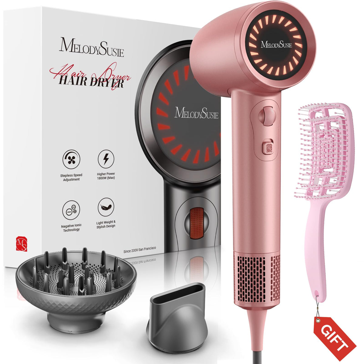 MelodySusie Hair Dryer,1600W Professional Ionic Hair Dryer for Fast Drying, 120,000 RPM High Speed Hair Blow Dryer with Nozzle for Home Salon Travel Without Hair Damage