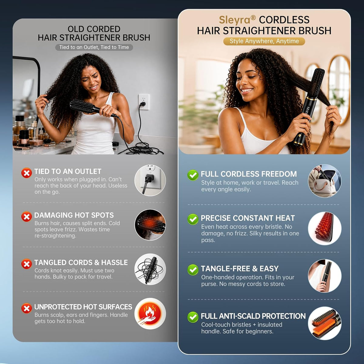 Cordless Hair Straightener Brush, Negative Ionic Hot Comb for Women Travel