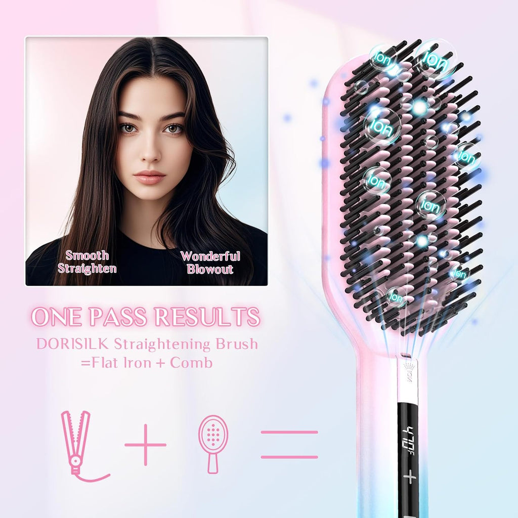DORISILK Ionic Hair Straightener Brush, 470℉High Temp Heated Straightening Brush for Women Thin Thick Hair, Dual Voltage Hot Straightening Comb Electric, Professional Salon Results Smooth Frizz-Free