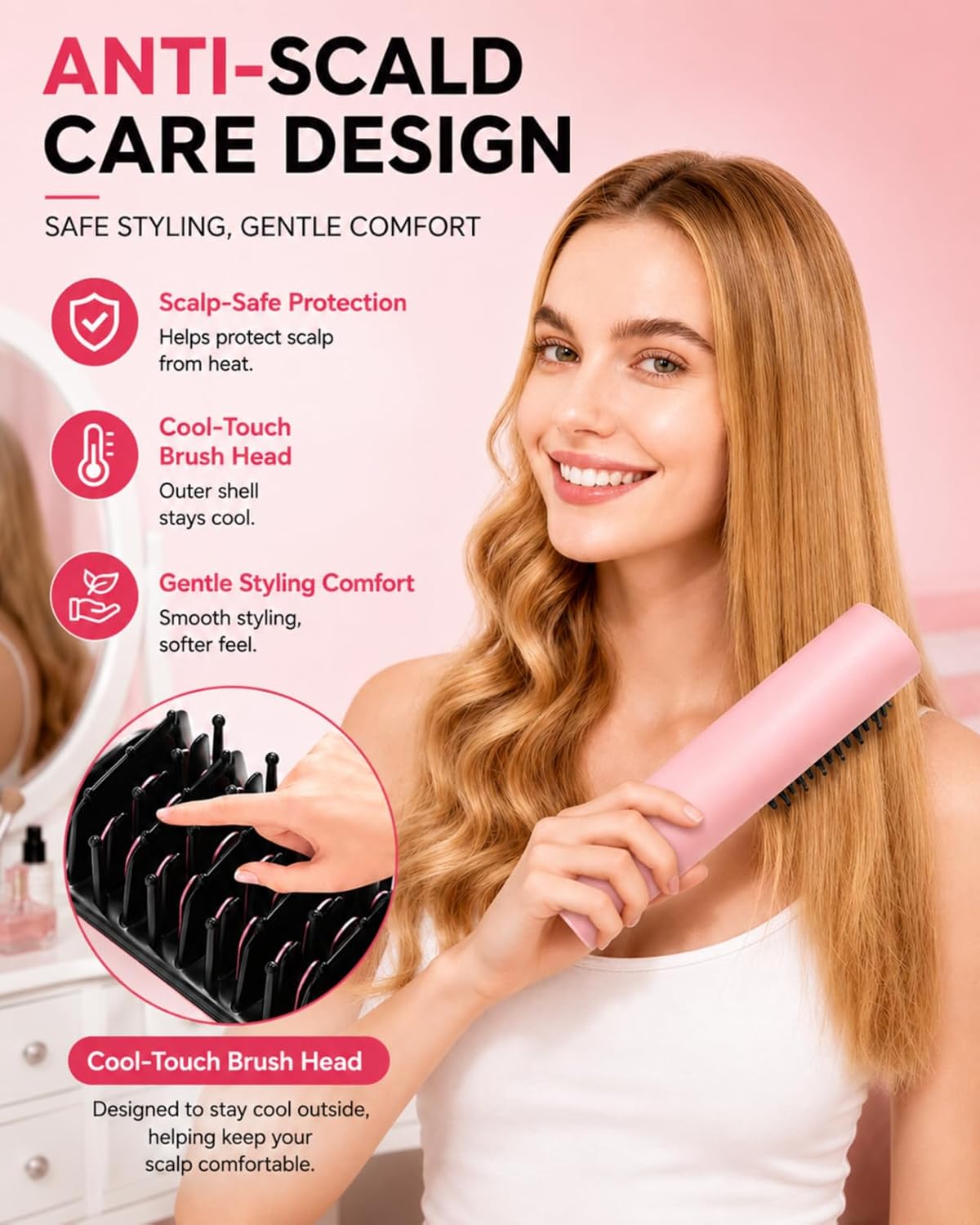 Cordless Hair Straightener Brush, Portable Straightener with Ionic Hair Brush Care, Fast Heated Styling, 3 Heat Levels, and Anti-Scald Care for Travel, Office, and Hotel, Gift for Women, Mirage Pink