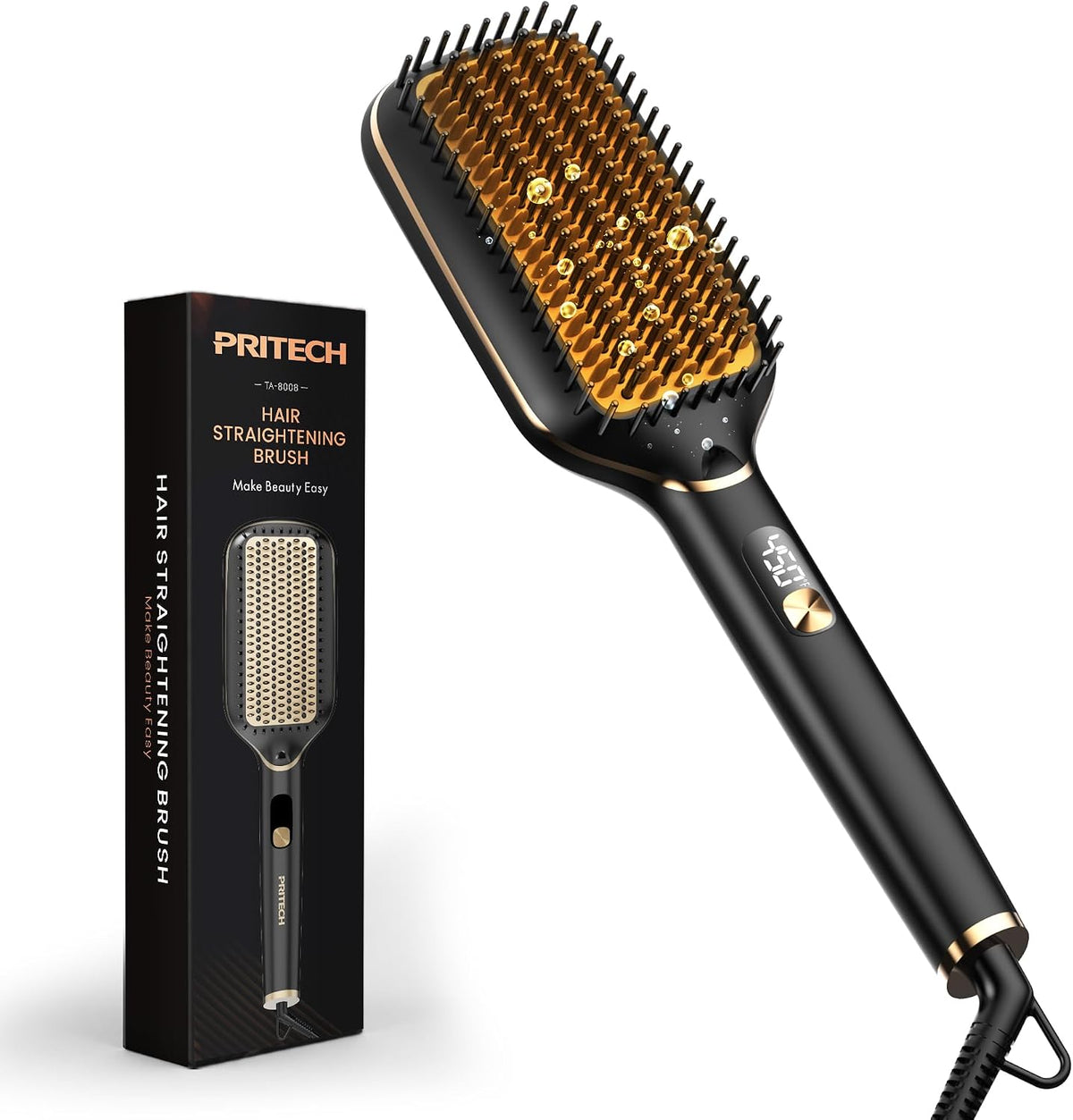 PRITECH Ionic Hair Straightener Brush, 20s Fast Heating 5 Temps Hot Comb