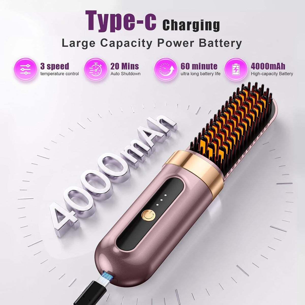 Cordless Hair Straightener Brush, Ionic & Anti-Frizz, Ceramic Tourmaline MCH Fast Heating, Anti-Scald, 4000mAh Type-C Fast Charging, Portable Hot Comb for Women
