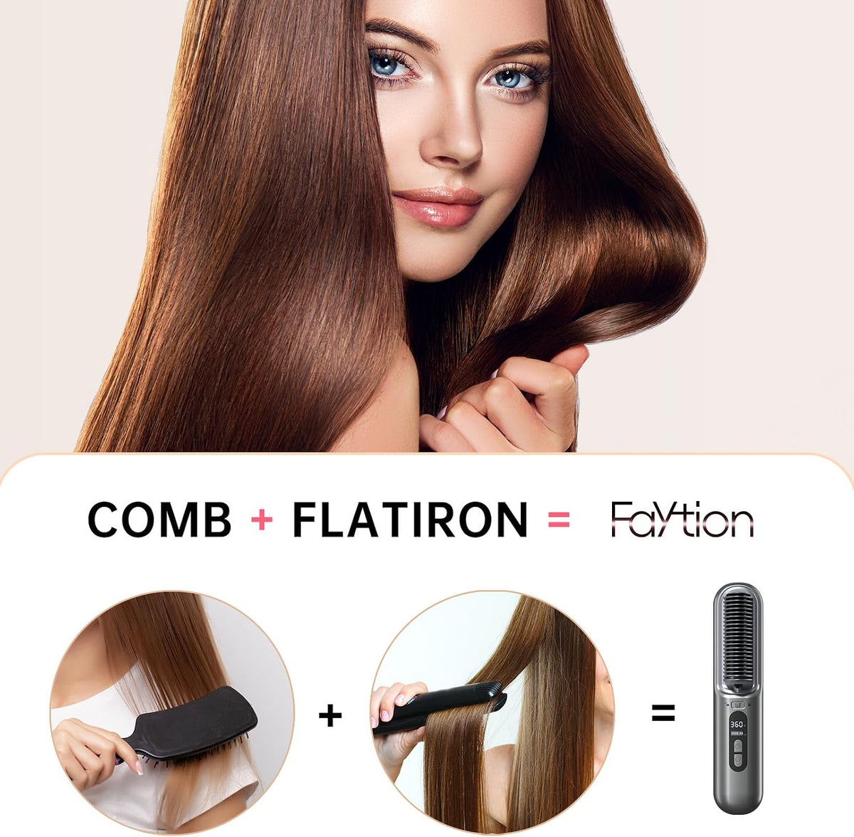 Cordless Hair Straightener Brush-Portable Hair Straightener Cordless Brush with 6 Temperature Adjust, 10000mah Cordless Travel Hair Straightener Brush, Dual Voltage, Grey