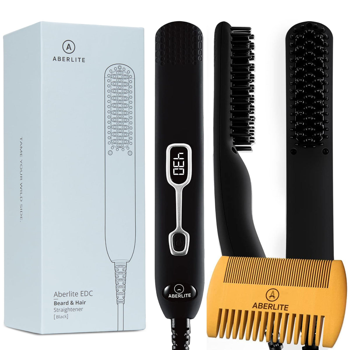 Aberlite EDC - Premium Beard Straightener Brush - Professional Heated Straightening Comb and Grooming Kit for Men (Gray)