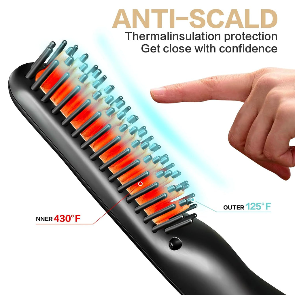 VOVO Beard Straightener Comb Upgrade Professional 2 in 1 Men's Beard Straightening Heated Hair Straightening Brush Portable Anti-Burn 6 Temperature Adjustable with LED Display for Home and Travel