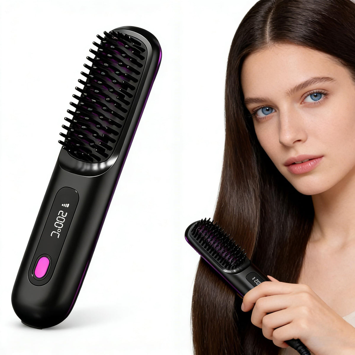 2026 Portable Straightener Brush for Travel, Cordless Hair Straightener Comb for Women,Fast Heating Hair Straightener with LCD Temperature Display, Travel Gift
