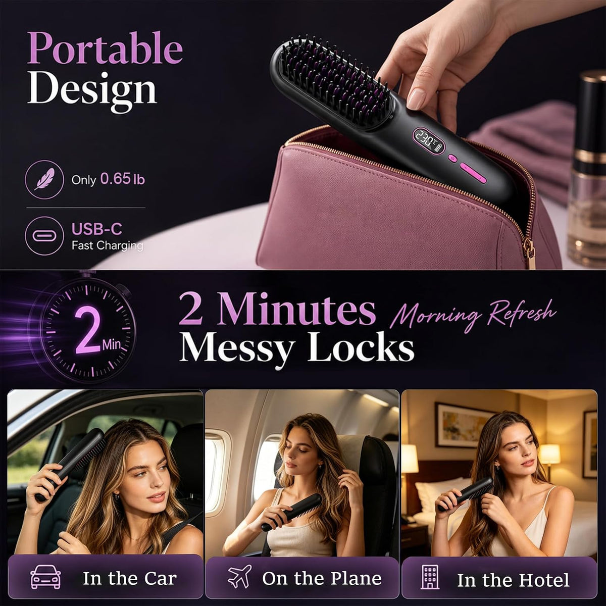 Go Brush Pro Cordless Hair Straightener Brush 9600mAh Rechargeable