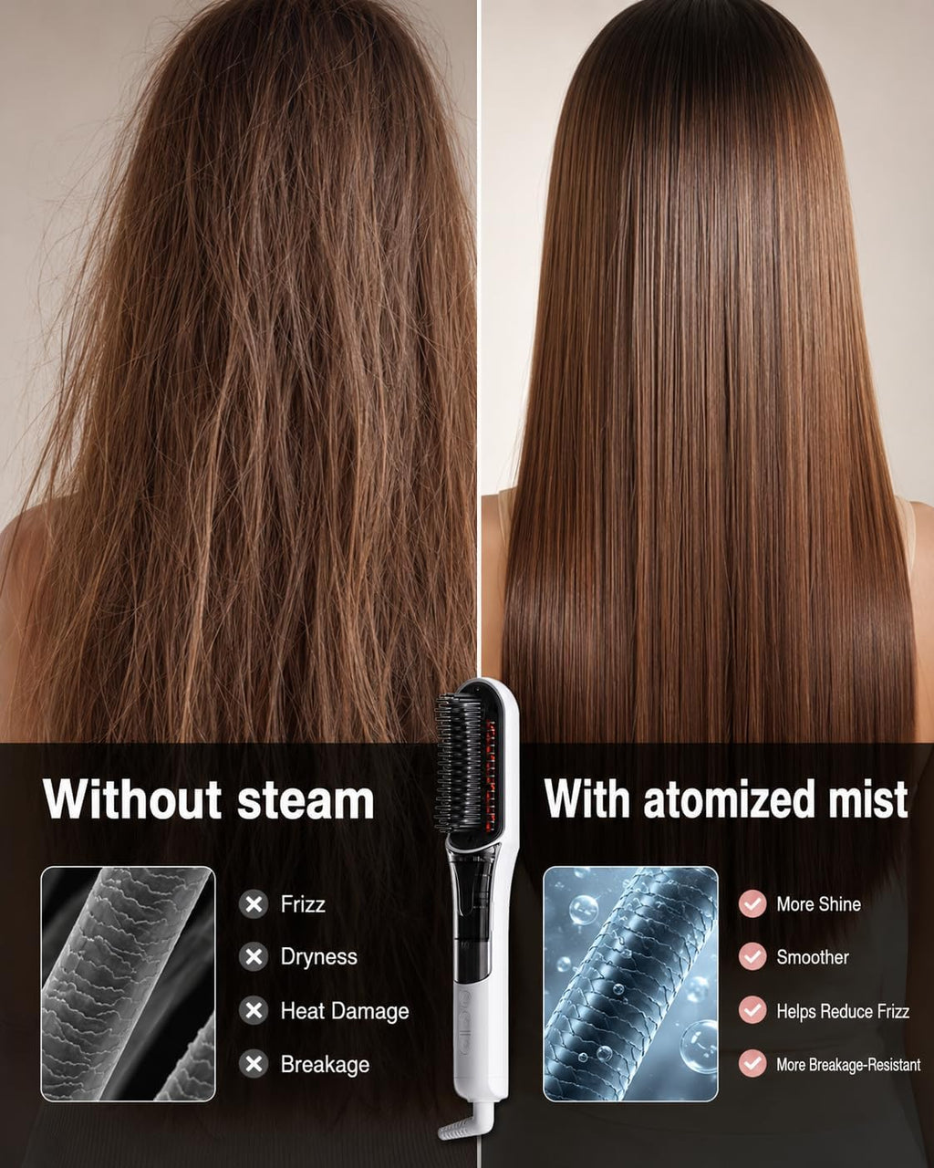 Hair Straightener Brush for Women, 2-in-1 with Mist, 4 Heat Settings