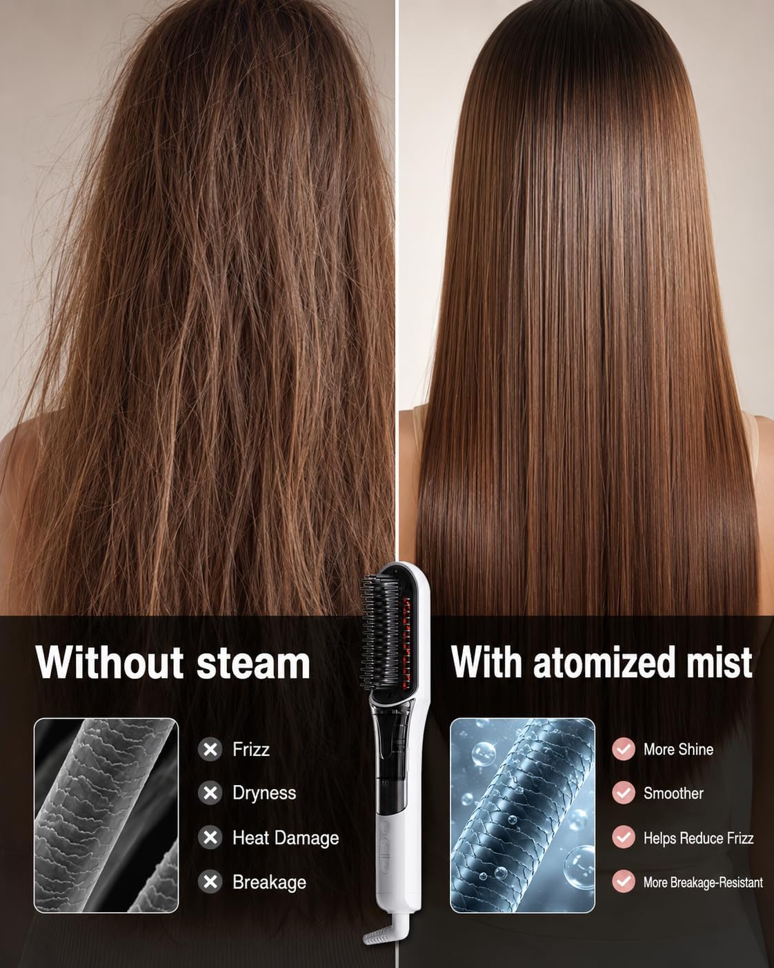 Hair Straightener Brush for Women, 2-in-1 with Mist, 4 Heat Settings