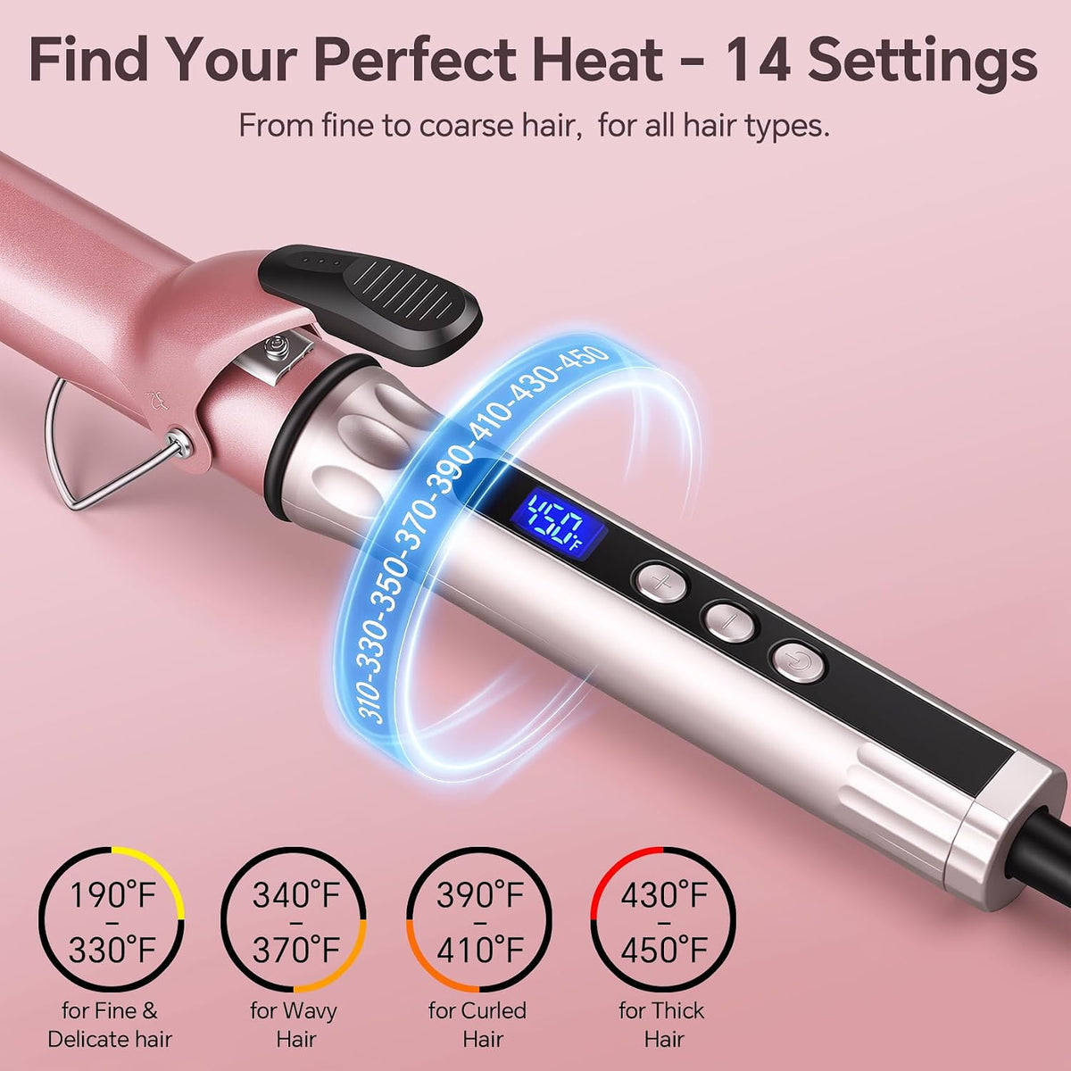 JAETON Hair Curling Iron Wand 1 1/4-Inch for Loose Curls, 190-450℉