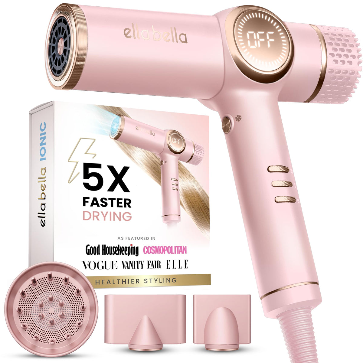 ELLA BELLA® Ionic Hair Dryer with Diffuser - Negative Ion Blow Dryer, Quiet