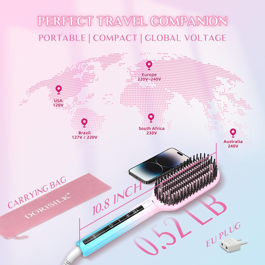 DORISILK Ionic Hair Straightener Brush, 470℉High Temp Heated Straightening Brush for Women Thin Thick Hair, Dual Voltage Hot Straightening Comb Electric, Professional Salon Results Smooth Frizz-Free