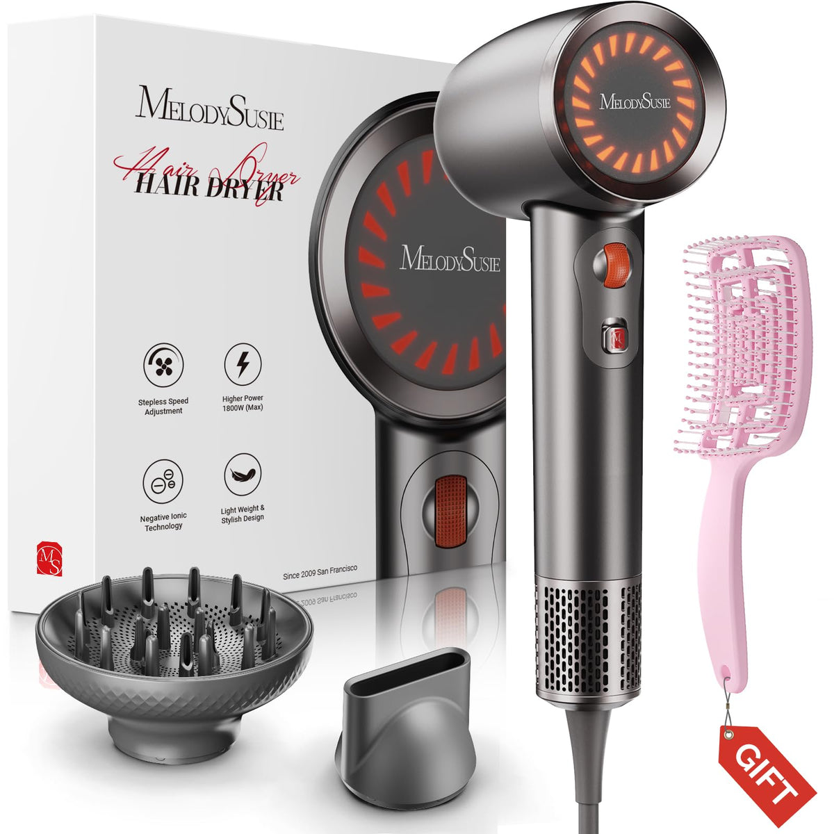 MelodySusie Hair Dryer,1600W Professional Ionic Hair Dryer for Fast Drying, 120,000 RPM High Speed Hair Blow Dryer with Nozzle for Home Salon Travel Without Hair Damage