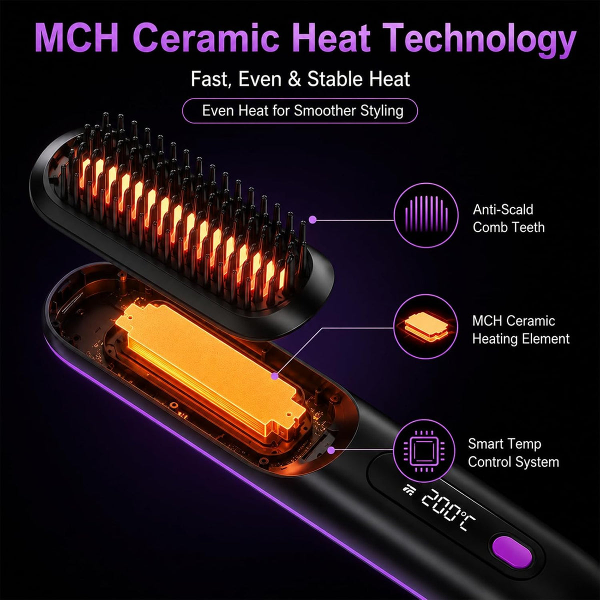 Go Brush Pro Cordless Hair Straightener Brush, Portable Wireless Straightening Comb with 3 Temp Settings (320°F-375°F), USB Rechargeable, Ceramic Heating Anti-Scald Hot Brush for Trave