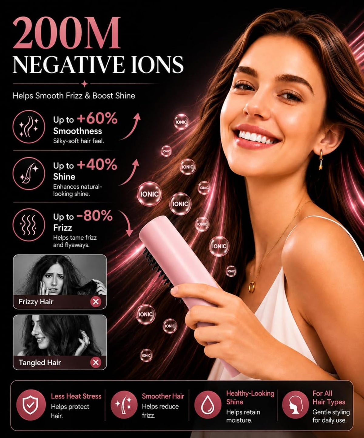 Cordless Hair Straightener Brush, Portable Straightener for Travel, Straightening Brush with Ionic Frizz Control, Fast Even Heating for On-the-Go Pro Styling, Aura Pink