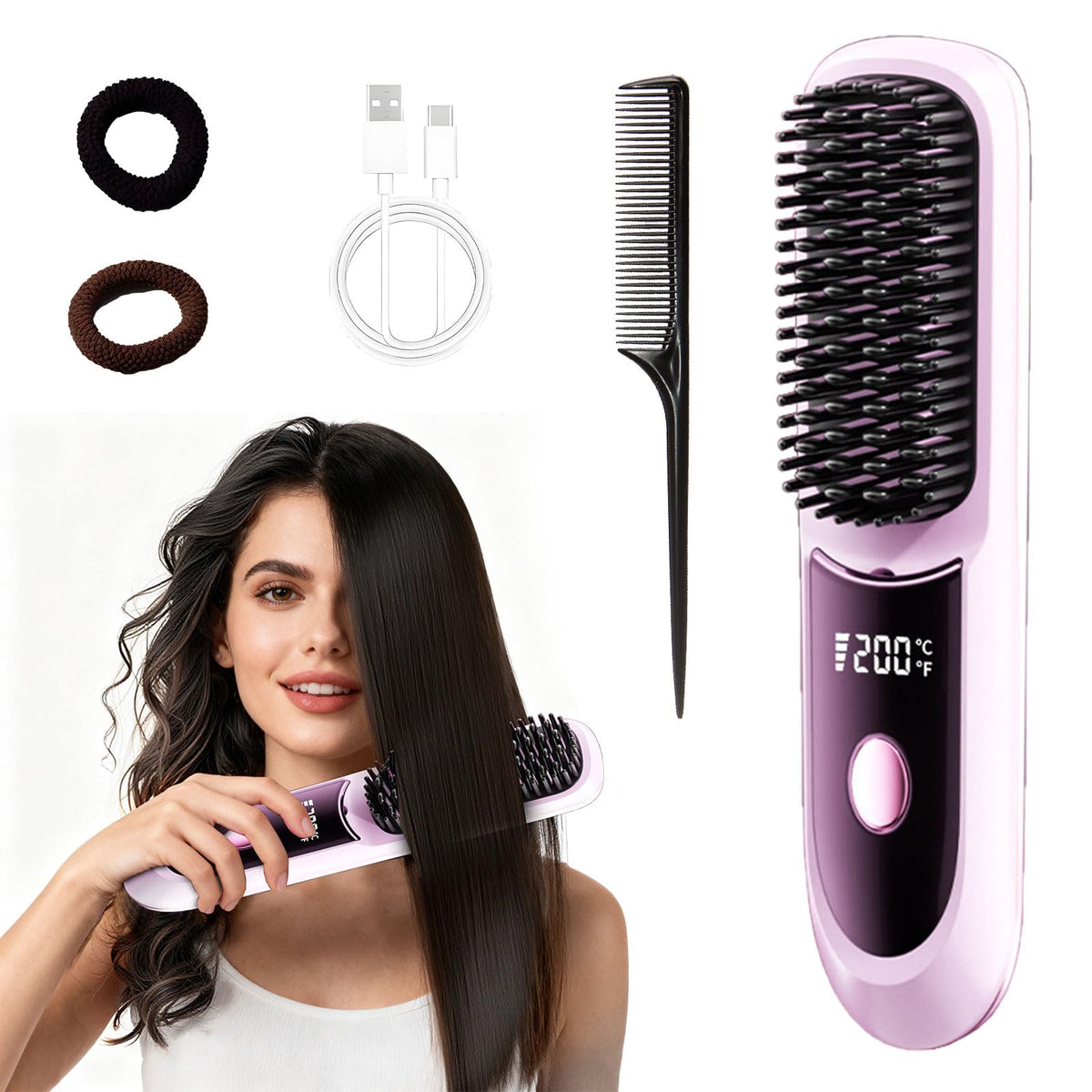 Cordless Straightening Brush, Black, Mini for Travel