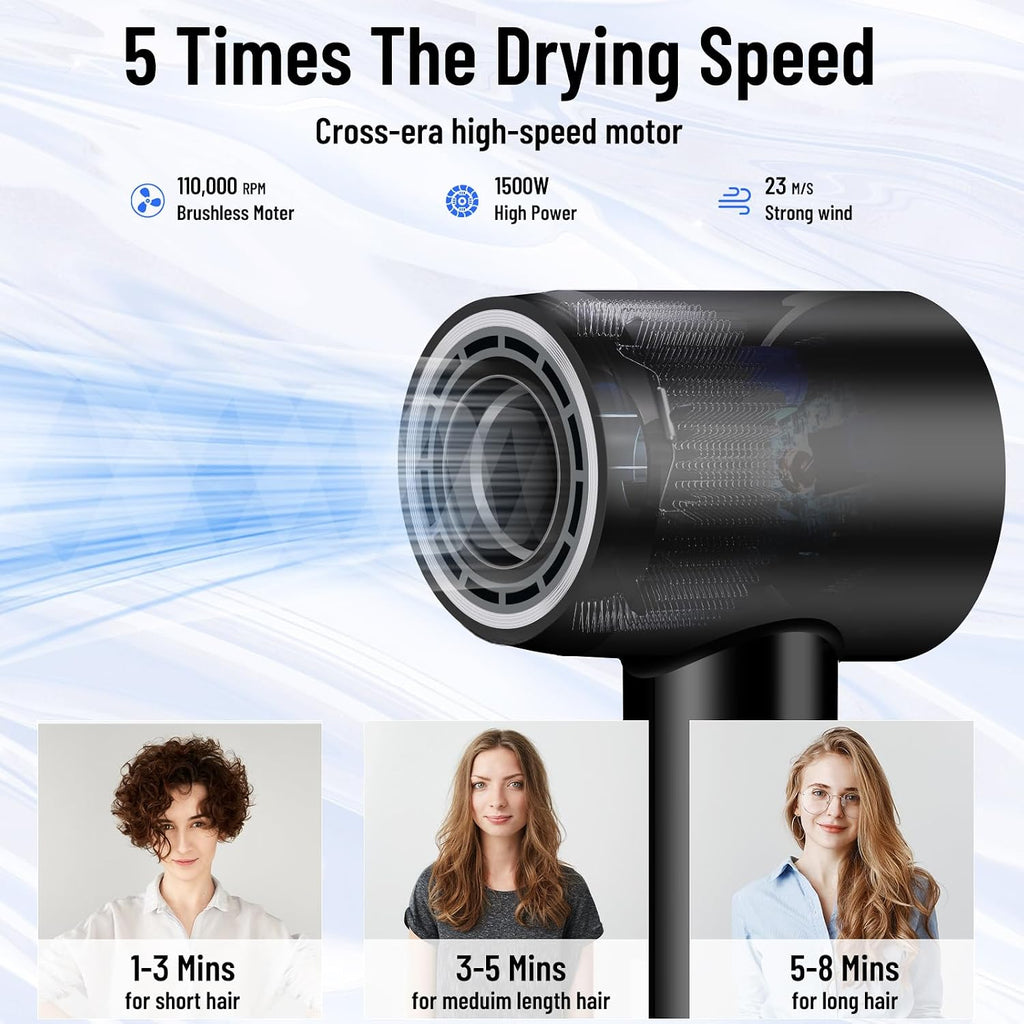 Negative Ionic High-Speed Hair Dryer with 11,0000 RPM Brushless Motor for Fast Drying, Professional Blow Dryer with Nozzle, Low Noise Hairdryer for Salon Home Travel