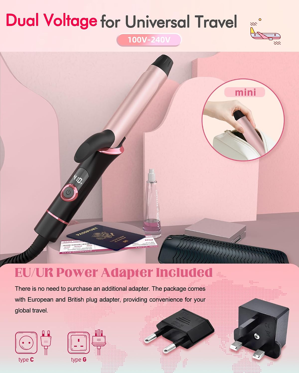 Travel Curling Iron, Dual Voltage with European, UK Plug Adapter, Small Hair Curler for Women, 5 Temperature Settings for All Hair Types up to 410℉, 1 Inch