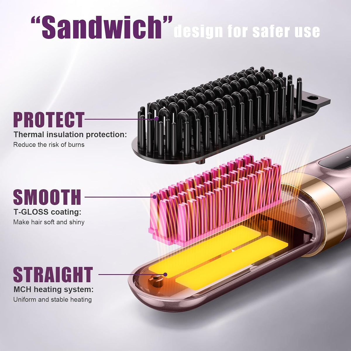 Cordless Hair Straightener Brush, Ionic & Anti-Frizz, Ceramic Tourmaline MCH Fast Heating, Anti-Scald, 4000mAh Type-C Fast Charging, Portable Hot Comb for Women