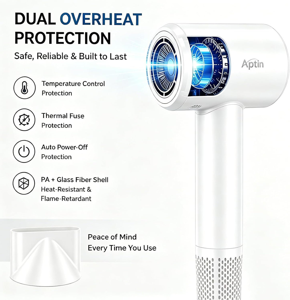 Ionic Hair Dryer 110, 000 RPM High Speed Motor Ultra-Fast Drying, 200 Million Negative Ions for Frizz Reduction, Overheat Protection, Low Noise Magnetic Concentrator, No Heat Damage Lightweight
