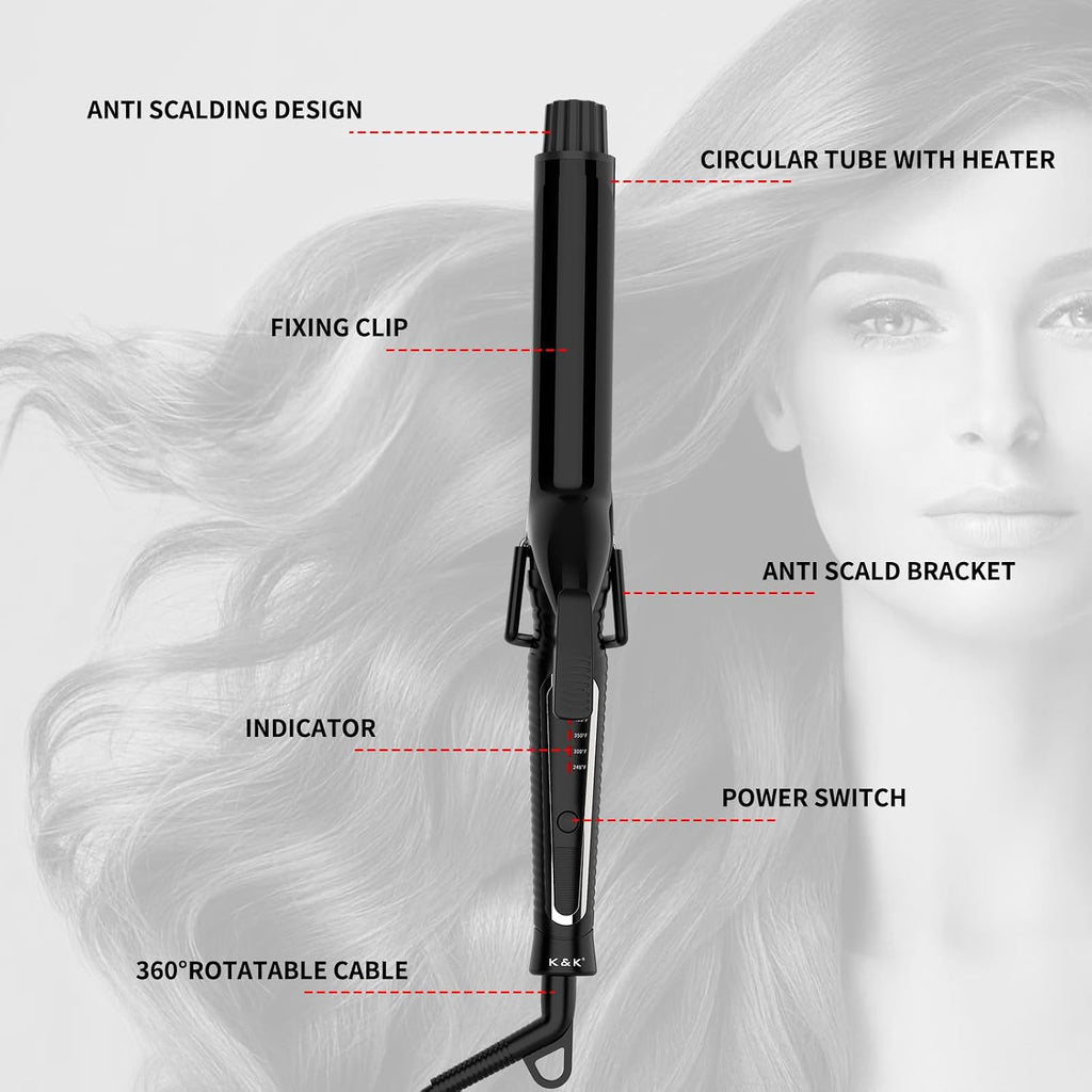 K&K 1.25" Professional Ceramic Curling Iron Hair Curler Wand for Long Hair