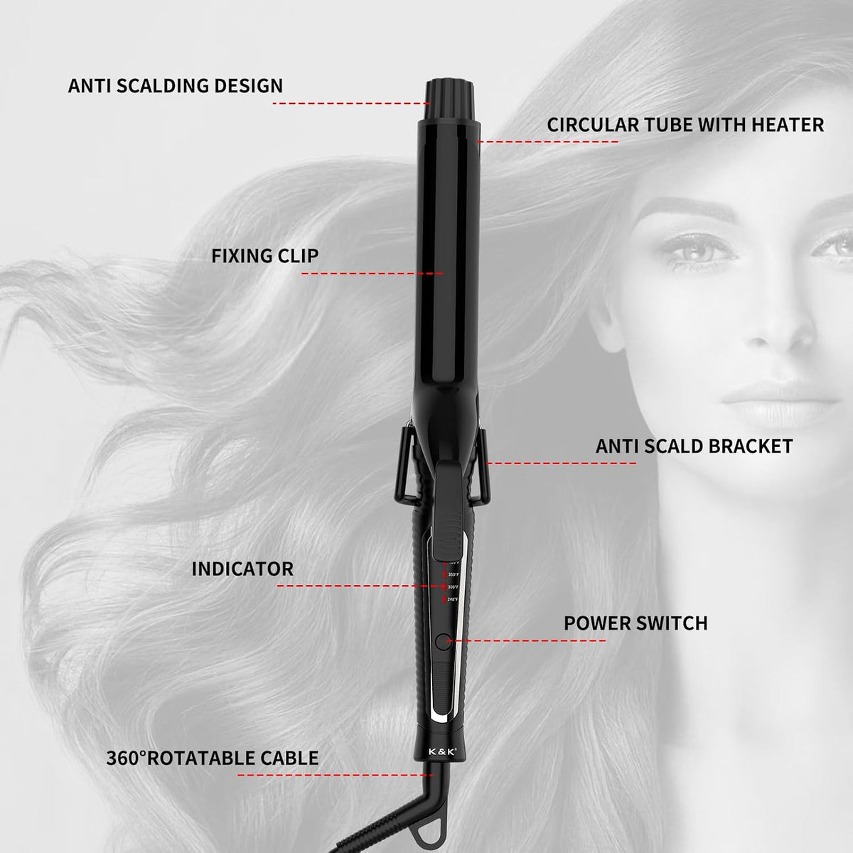 K&K 1.25" Professional Ceramic Curling Iron Hair Curler Wand for Long Hair