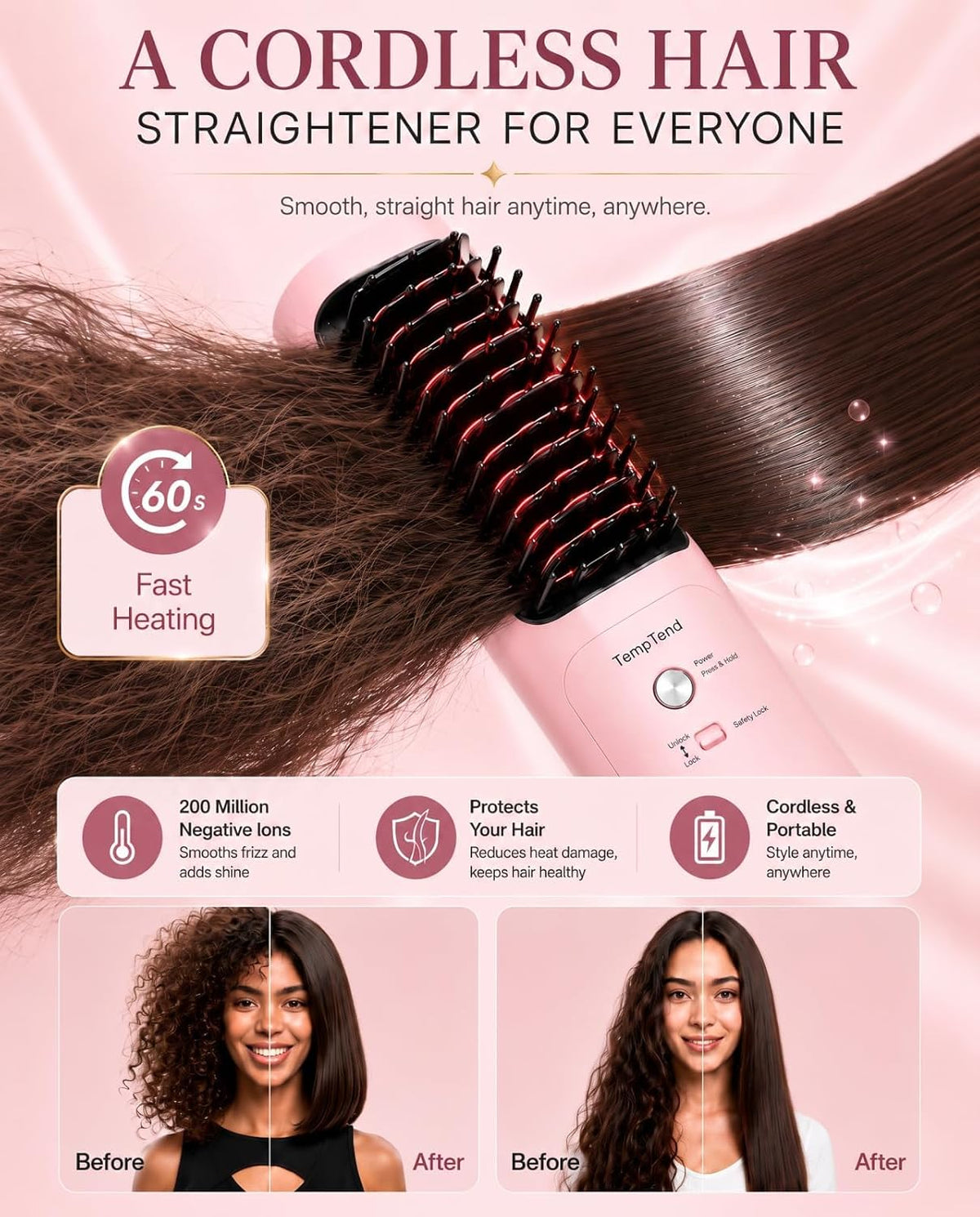 Cordless Hair Straightener Brush, Portable Hair Styler and Straightening Brush, 200M Negative Ions, 8000mAh Battery, Auto Shutoff and PD Fast Charging for Travel, Holiday Gift for Women, Luxe Pink