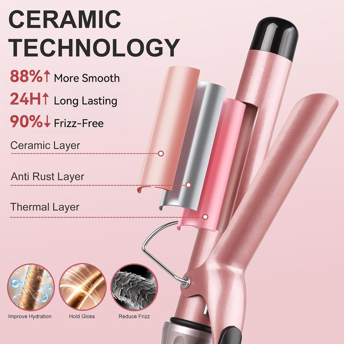JAETON Hair Curling Iron Wand 1 1/4-Inch for Loose Curls, 190-450℉